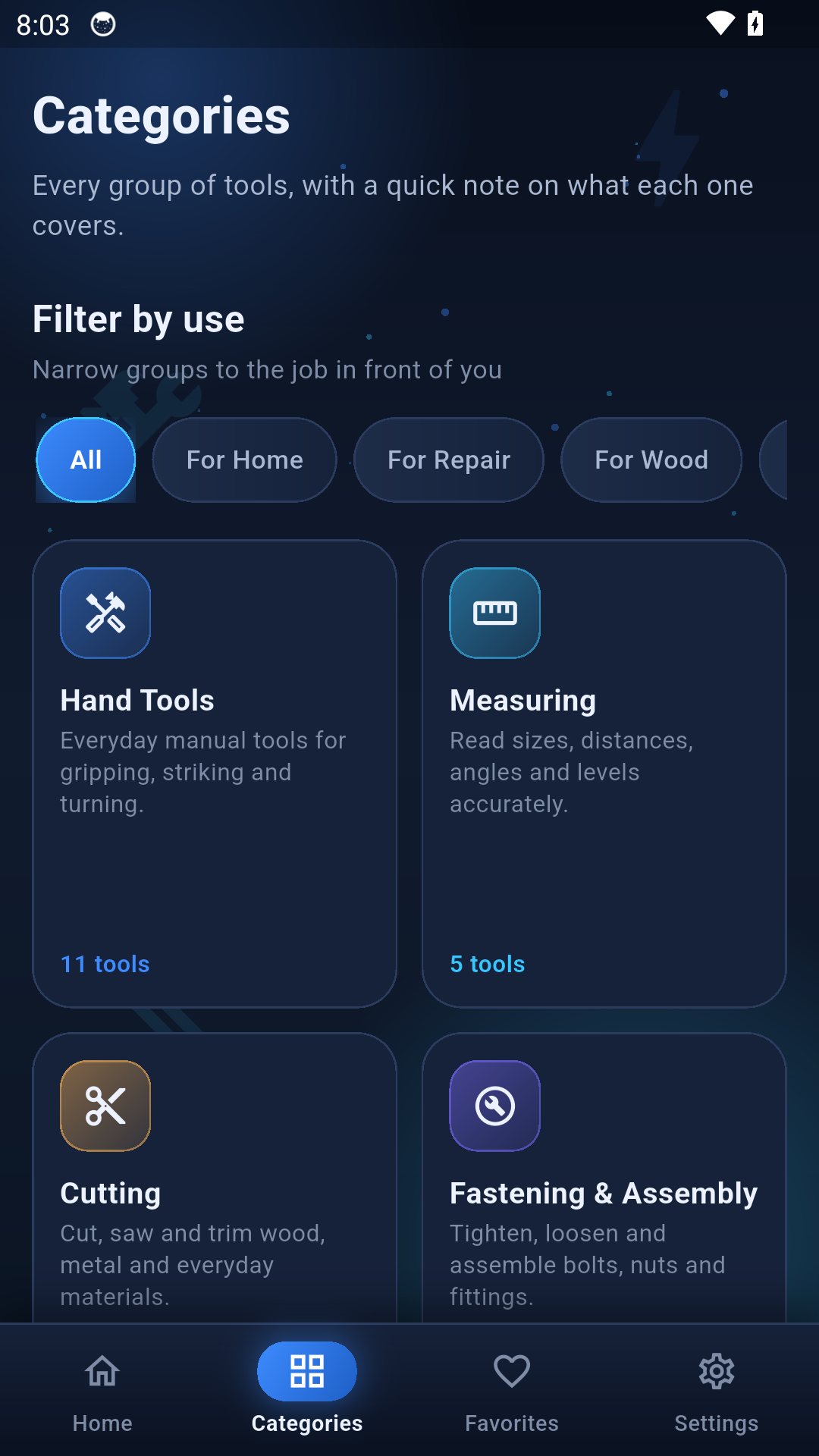 Toolbox Companion categories screen