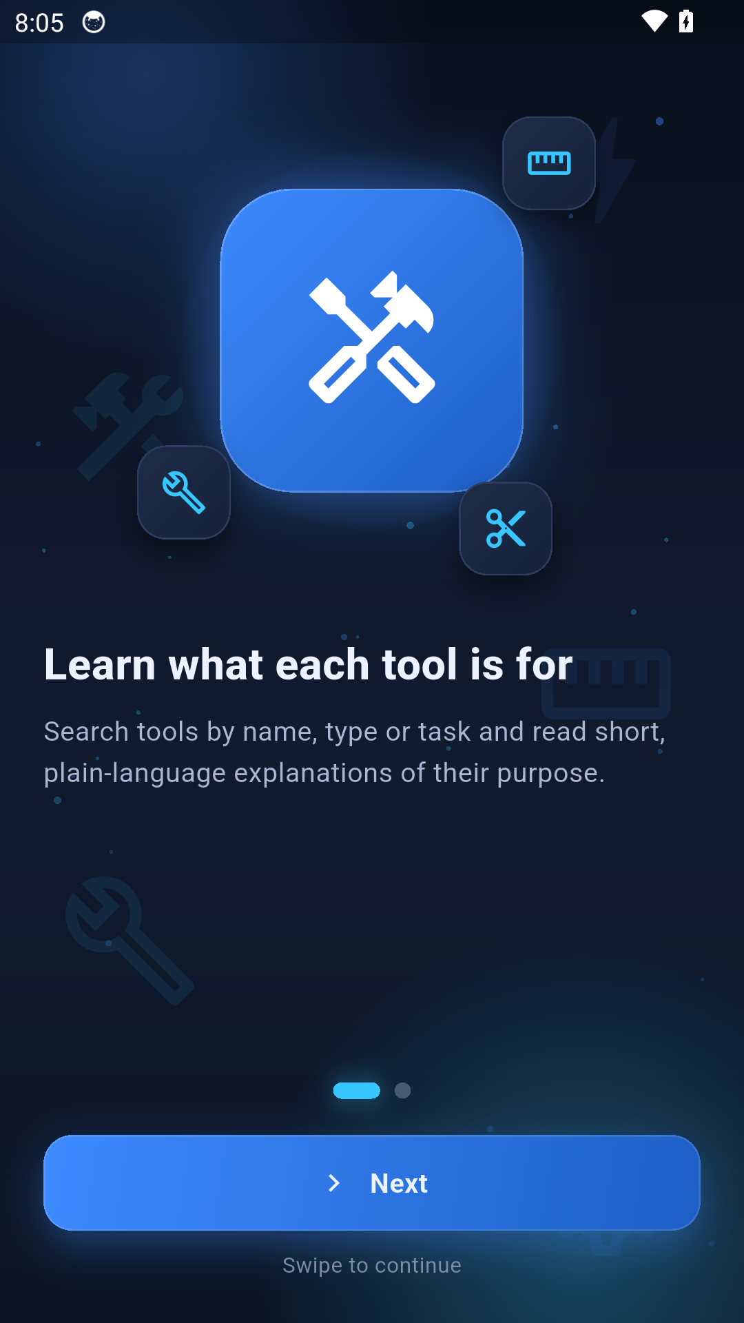 Tool learning onboarding screen